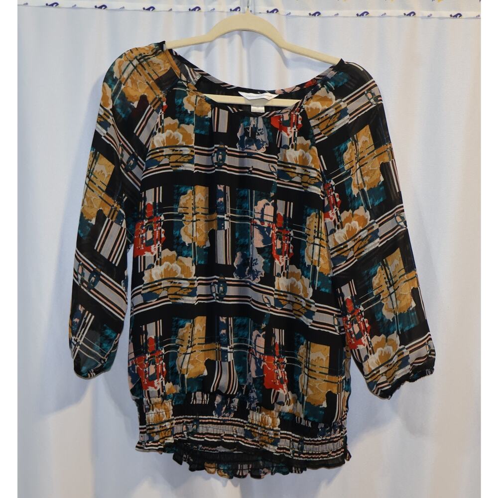 CJ Banks Long Blouse Multi-colored Poly lined Peasant style blouse Size M